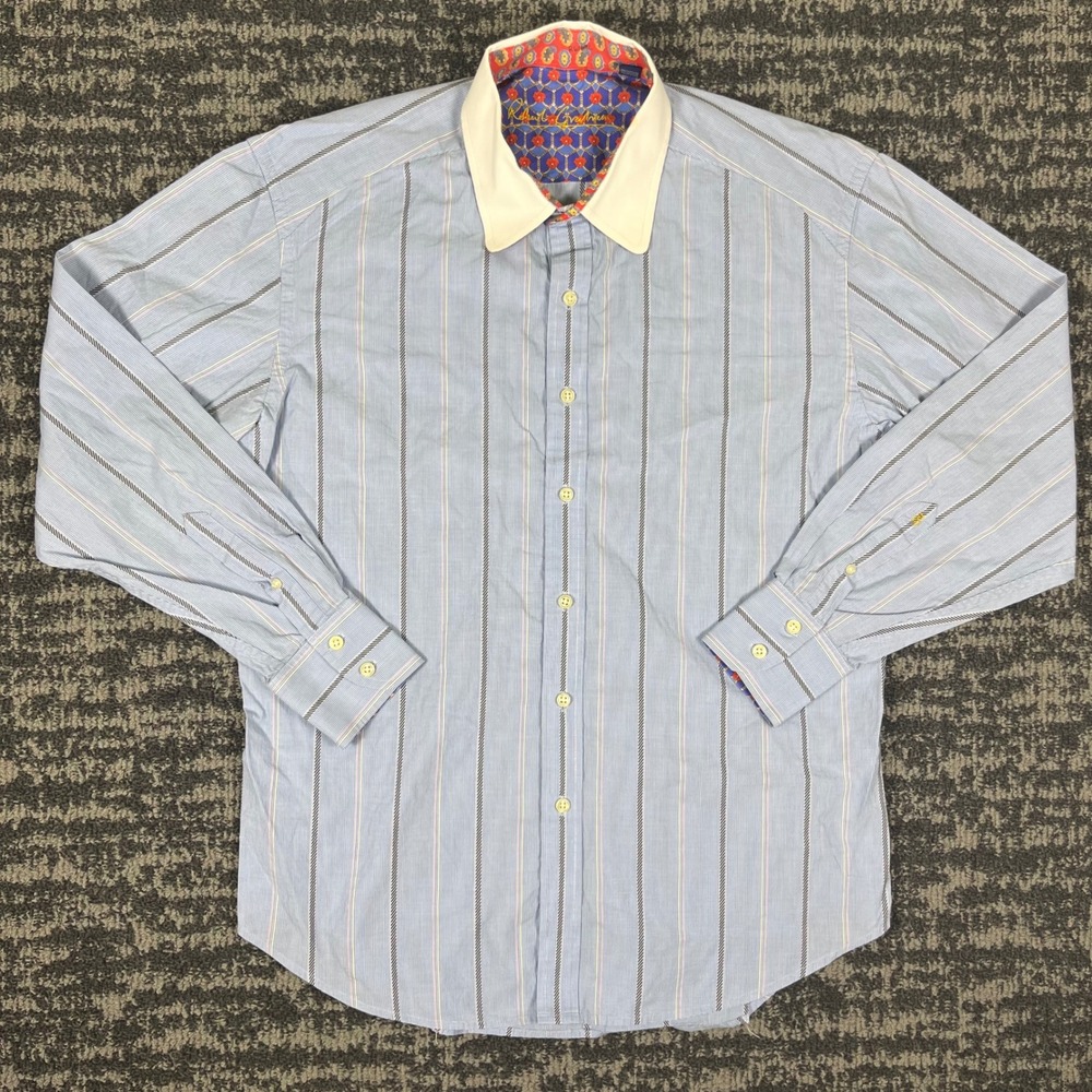 Robert Graham Mens XL Button Down Shirt Blue White Stripe Long‎ Sleeve Contrast